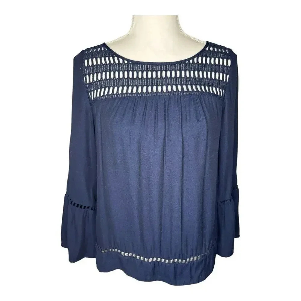 LOFT Petite XS Navy‎ Blue Bell Sleeve Lace Embroidered Top